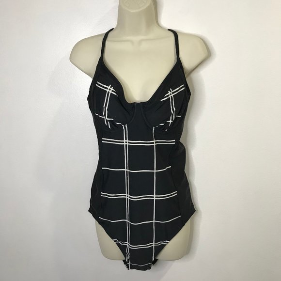 Athleta Swim Athleta Swimwear Bathing Suit One Piece 4 Bc Tall Black White Plaid Underwire